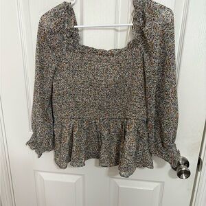 Arula Smocked Floral Square Neck Peplum Blouse